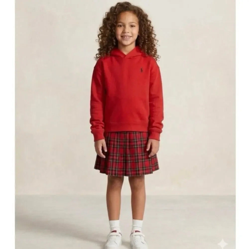 Polo Ralph Lauren Girls Red Hooded Dress Tartan Plaid Ruffle Hem Preppy M 8-10 - Picture 1 of 12